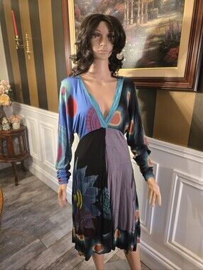 Desigual Teal and Multicolor V-Neck Patchwork Dress